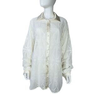 Impressions Women’s Off-White Placket Lace Button Down Shirt / Mini Dress
